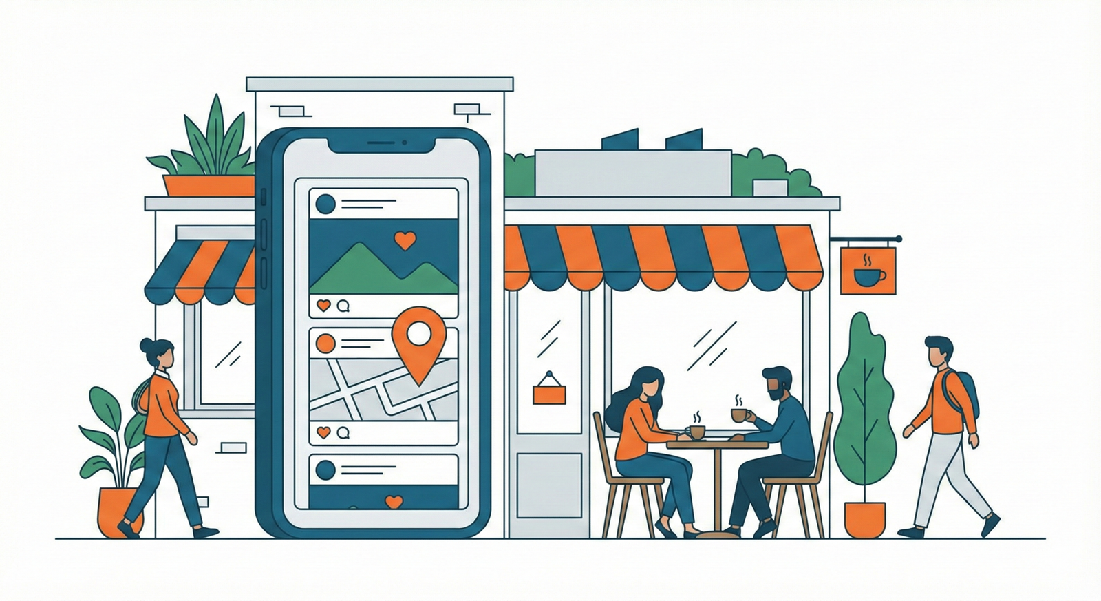 Illustration of a café using social media and maps to attract customers in Oman.