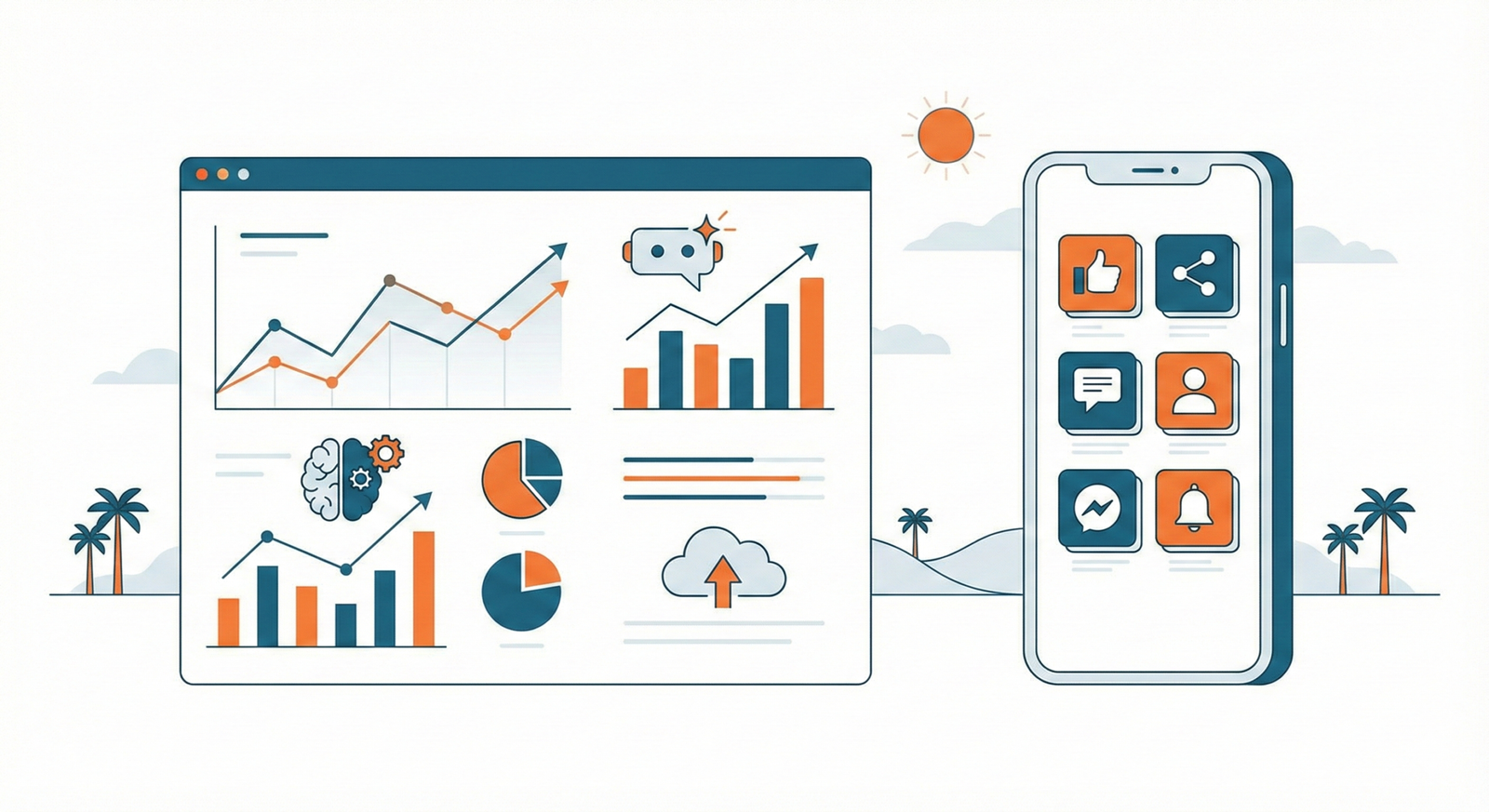 Dashboard with AI-driven marketing analytics and social media icons.