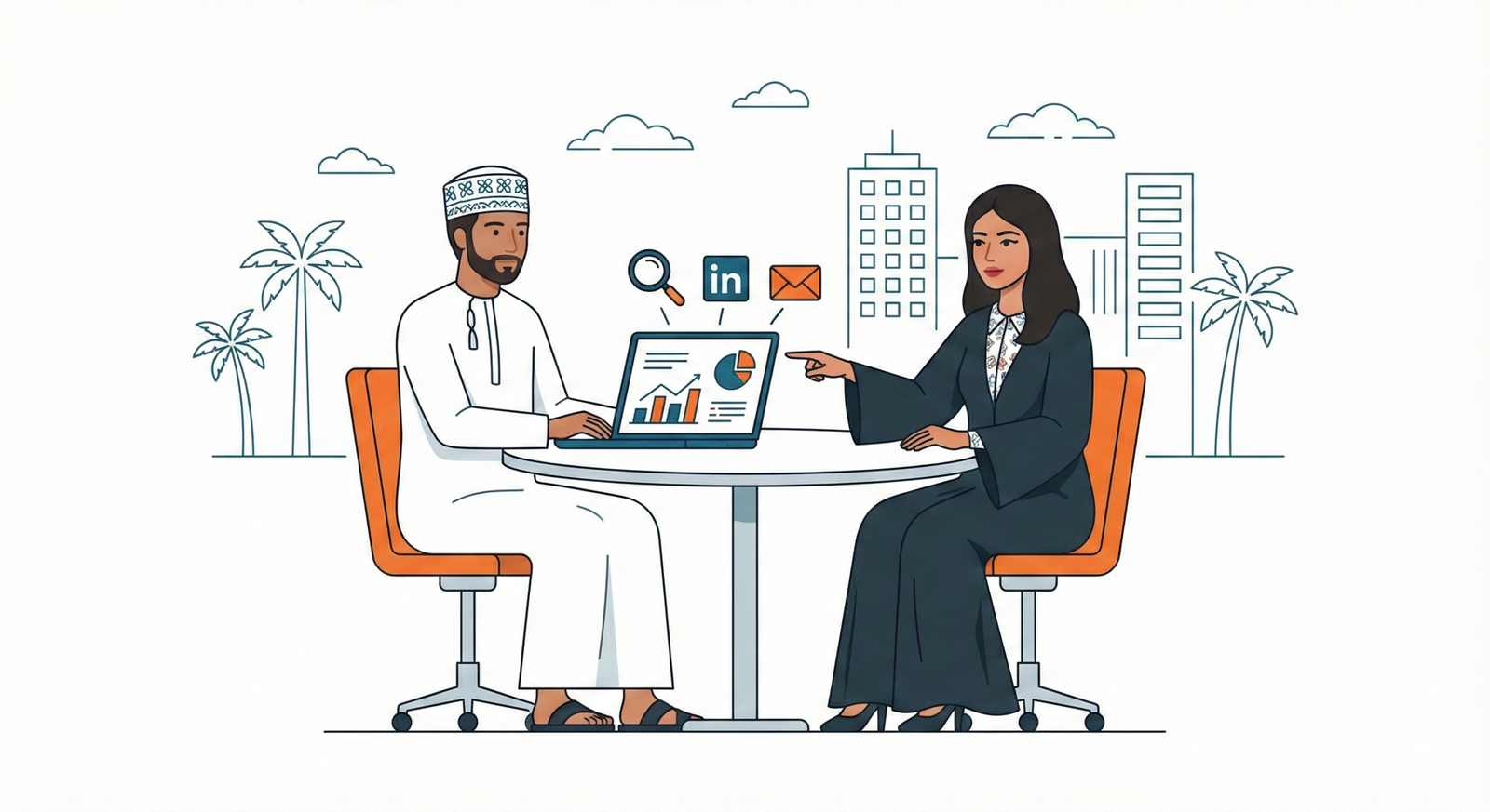 Omani business professionals discussing B2B digital marketing strategy with charts on a laptop. B2B Digital Marketing in Oman