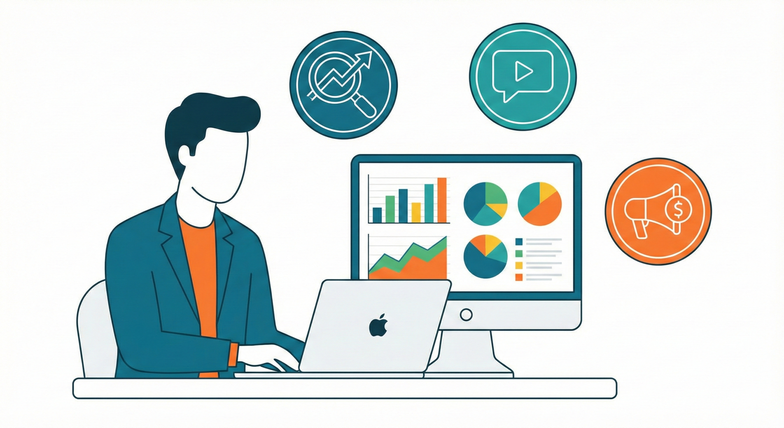 Illustration of a business owner reviewing a digital marketing budget with icons for SEO, social media, and ads.