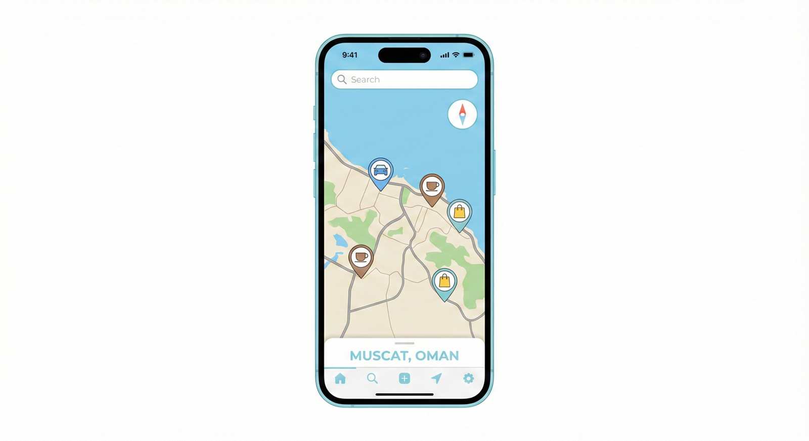 Smartphone map with location pins representing local SEO in Oman.