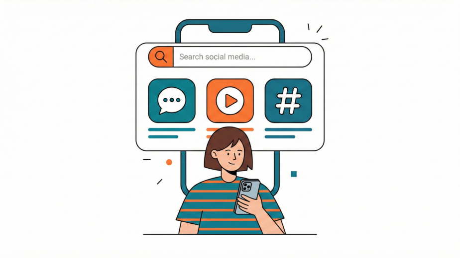 Illustration of a business owner reviewing a digital marketing budget with icons for SEO, social media, and ads