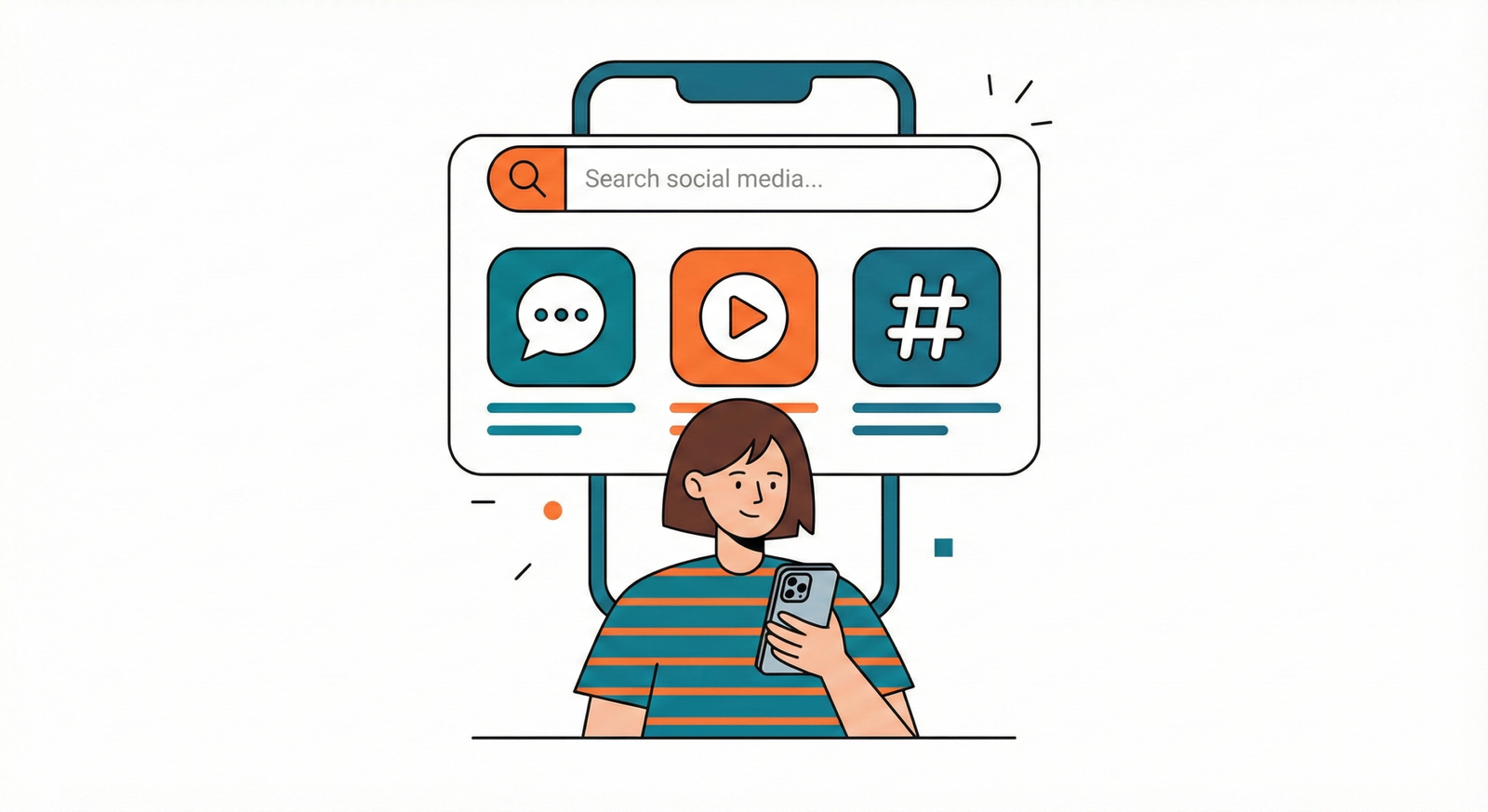 Illustration of a business owner reviewing a digital marketing budget with icons for SEO, social media, and ads