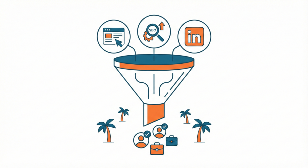 Illustration of a B2B digital marketing funnel with SEO and LinkedIn feeding qualified business leads.